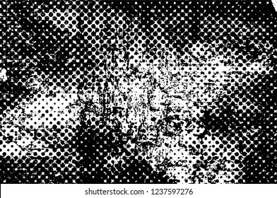 Grunge overlay layer. Abstract black and white vector background. Monochrome vintage surface with dirty pattern in cracks, spots, dots. Old wall in dark horror style design
