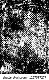 Grunge overlay layer. Abstract black and white vector background. Monochrome vintage surface with dirty pattern in cracks, spots, dots. Old wall in dark horror style design