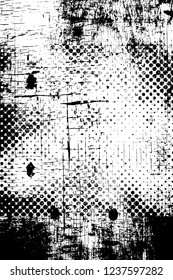 Grunge overlay layer. Abstract black and white vector background. Monochrome vintage surface with dirty pattern in cracks, spots, dots. Old wall in dark horror style design