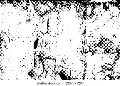 Grunge overlay layer. Abstract black and white vector background. Monochrome vintage surface with dirty pattern in cracks, spots, dots. Old wall in dark horror style design