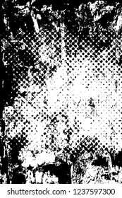 Grunge overlay layer. Abstract black and white vector background. Monochrome vintage surface with dirty pattern in cracks, spots, dots. Old wall in dark horror style design