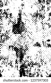 Grunge overlay layer. Abstract black and white vector background. Monochrome vintage surface with dirty pattern in cracks, spots, dots. Old wall in dark horror style design