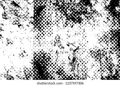 Grunge overlay layer. Abstract black and white vector background. Monochrome vintage surface with dirty pattern in cracks, spots, dots. Old wall in dark horror style design