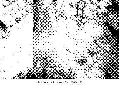 Grunge overlay layer. Abstract black and white vector background. Monochrome vintage surface with dirty pattern in cracks, spots, dots. Old wall in dark horror style design