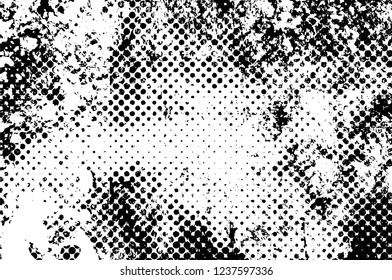 Grunge overlay layer. Abstract black and white vector background. Monochrome vintage surface with dirty pattern in cracks, spots, dots. Old wall in dark horror style design