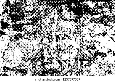 Grunge overlay layer. Abstract black and white vector background. Monochrome vintage surface with dirty pattern in cracks, spots, dots. Old wall in dark horror style design