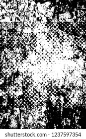 Grunge overlay layer. Abstract black and white vector background. Monochrome vintage surface with dirty pattern in cracks, spots, dots. Old wall in dark horror style design