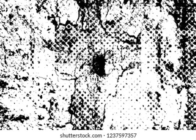 Grunge overlay layer. Abstract black and white vector background. Monochrome vintage surface with dirty pattern in cracks, spots, dots. Old wall in dark horror style design