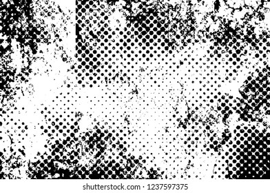 Grunge overlay layer. Abstract black and white vector background. Monochrome vintage surface with dirty pattern in cracks, spots, dots. Old wall in dark horror style design