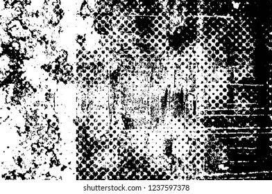 Grunge overlay layer. Abstract black and white vector background. Monochrome vintage surface with dirty pattern in cracks, spots, dots. Old wall in dark horror style design