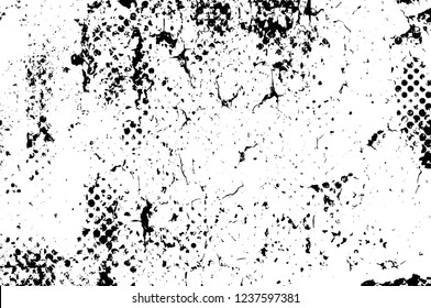 Grunge overlay layer. Abstract black and white vector background. Monochrome vintage surface with dirty pattern in cracks, spots, dots. Old wall in dark horror style design