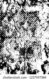 Grunge overlay layer. Abstract black and white vector background. Monochrome vintage surface with dirty pattern in cracks, spots, dots. Old wall in dark horror style design