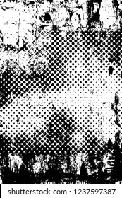 Grunge overlay layer. Abstract black and white vector background. Monochrome vintage surface with dirty pattern in cracks, spots, dots. Old wall in dark horror style design
