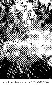 Grunge overlay layer. Abstract black and white vector background. Monochrome vintage surface with dirty pattern in cracks, spots, dots. Old wall in dark horror style design