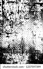Grunge overlay layer. Abstract black and white vector background. Monochrome vintage surface with dirty pattern in cracks, spots, dots. Old wall in dark horror style design