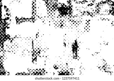Grunge overlay layer. Abstract black and white vector background. Monochrome vintage surface with dirty pattern in cracks, spots, dots. Old wall in dark horror style design