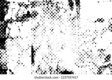 Grunge overlay layer. Abstract black and white vector background. Monochrome vintage surface with dirty pattern in cracks, spots, dots. Old wall in dark horror style design