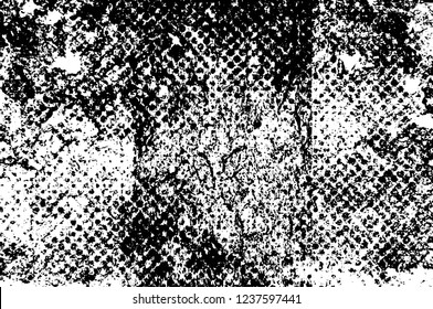 Grunge overlay layer. Abstract black and white vector background. Monochrome vintage surface with dirty pattern in cracks, spots, dots. Old wall in dark horror style design