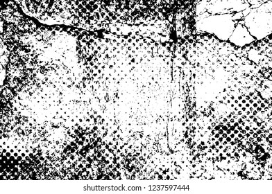 Grunge overlay layer. Abstract black and white vector background. Monochrome vintage surface with dirty pattern in cracks, spots, dots. Old wall in dark horror style design
