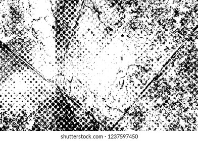 Grunge overlay layer. Abstract black and white vector background. Monochrome vintage surface with dirty pattern in cracks, spots, dots. Old wall in dark horror style design