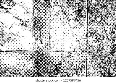 Grunge overlay layer. Abstract black and white vector background. Monochrome vintage surface with dirty pattern in cracks, spots, dots. Old wall in dark horror style design