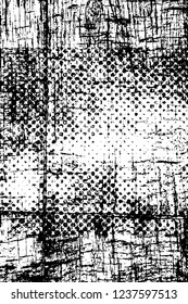 Grunge overlay layer. Abstract black and white vector background. Monochrome vintage surface with dirty pattern in cracks, spots, dots. Old wall in dark horror style design