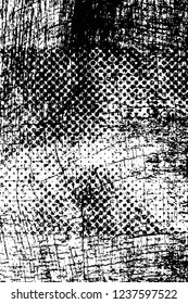 Grunge overlay layer. Abstract black and white vector background. Monochrome vintage surface with dirty pattern in cracks, spots, dots. Old wall in dark horror style design