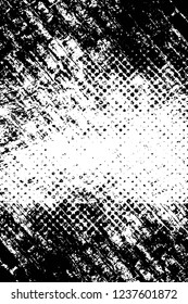 Grunge overlay layer. Abstract black and white vector background. Monochrome vintage surface with dirty pattern in cracks, spots, dots. Old wall in dark horror style design