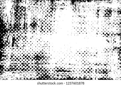 Grunge overlay layer. Abstract black and white vector background. Monochrome vintage surface with dirty pattern in cracks, spots, dots. Old wall in dark horror style design
