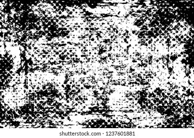 Grunge overlay layer. Abstract black and white vector background. Monochrome vintage surface with dirty pattern in cracks, spots, dots. Old wall in dark horror style design