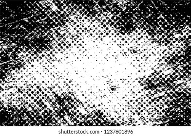 Grunge overlay layer. Abstract black and white vector background. Monochrome vintage surface with dirty pattern in cracks, spots, dots. Old wall in dark horror style design