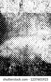 Grunge overlay layer. Abstract black and white vector background. Monochrome vintage surface with dirty pattern in cracks, spots, dots. Old wall in dark horror style design