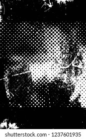 Grunge overlay layer. Abstract black and white vector background. Monochrome vintage surface with dirty pattern in cracks, spots, dots. Old wall in dark horror style design