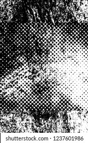 Grunge overlay layer. Abstract black and white vector background. Monochrome vintage surface with dirty pattern in cracks, spots, dots. Old wall in dark horror style design