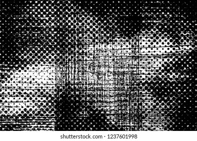 Grunge overlay layer. Abstract black and white vector background. Monochrome vintage surface with dirty pattern in cracks, spots, dots. Old wall in dark horror style design