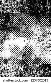 Grunge overlay layer. Abstract black and white vector background. Monochrome vintage surface with dirty pattern in cracks, spots, dots. Old wall in dark horror style design