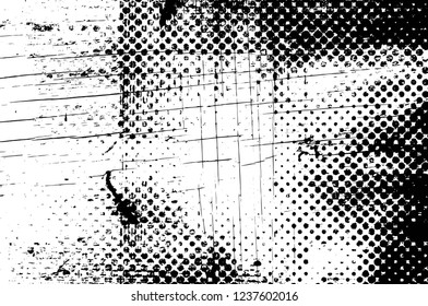 Grunge overlay layer. Abstract black and white vector background. Monochrome vintage surface with dirty pattern in cracks, spots, dots. Old wall in dark horror style design