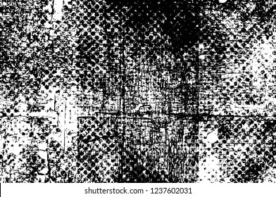 Grunge overlay layer. Abstract black and white vector background. Monochrome vintage surface with dirty pattern in cracks, spots, dots. Old wall in dark horror style design