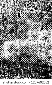 Grunge overlay layer. Abstract black and white vector background. Monochrome vintage surface with dirty pattern in cracks, spots, dots. Old wall in dark horror style design