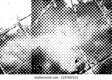 Grunge overlay layer. Abstract black and white vector background. Monochrome vintage surface with dirty pattern in cracks, spots, dots. Old wall in dark horror style design