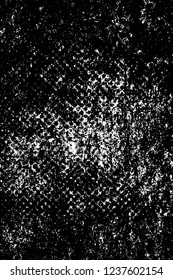 Grunge overlay layer. Abstract black and white vector background. Monochrome vintage surface with dirty pattern in cracks, spots, dots. Old wall in dark horror style design