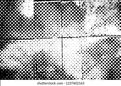 Grunge overlay layer. Abstract black and white vector background. Monochrome vintage surface with dirty pattern in cracks, spots, dots. Old wall in dark horror style design