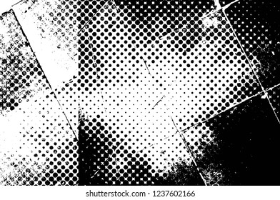 Grunge overlay layer. Abstract black and white vector background. Monochrome vintage surface with dirty pattern in cracks, spots, dots. Old wall in dark horror style design
