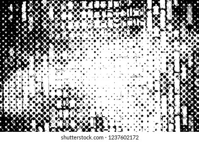 Grunge overlay layer. Abstract black and white vector background. Monochrome vintage surface with dirty pattern in cracks, spots, dots. Old wall in dark horror style design