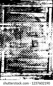 Grunge overlay layer. Abstract black and white vector background. Monochrome vintage surface with dirty pattern in cracks, spots, dots. Old wall in dark horror style design