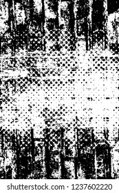 Grunge overlay layer. Abstract black and white vector background. Monochrome vintage surface with dirty pattern in cracks, spots, dots. Old wall in dark horror style design