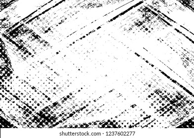 Grunge overlay layer. Abstract black and white vector background. Monochrome vintage surface with dirty pattern in cracks, spots, dots. Old wall in dark horror style design