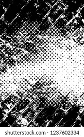Grunge overlay layer. Abstract black and white vector background. Monochrome vintage surface with dirty pattern in cracks, spots, dots. Old wall in dark horror style design