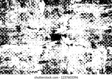 Grunge overlay layer. Abstract black and white vector background. Monochrome vintage surface with dirty pattern in cracks, spots, dots. Old wall in dark horror style design