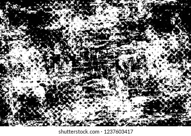 Grunge overlay layer. Abstract black and white vector background. Monochrome vintage surface with dirty pattern in cracks, spots, dots. Old wall in dark horror style design